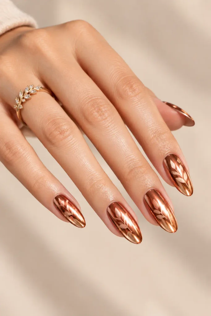 Copper chrome glazed nails featuring subtle sheer leaf stamps