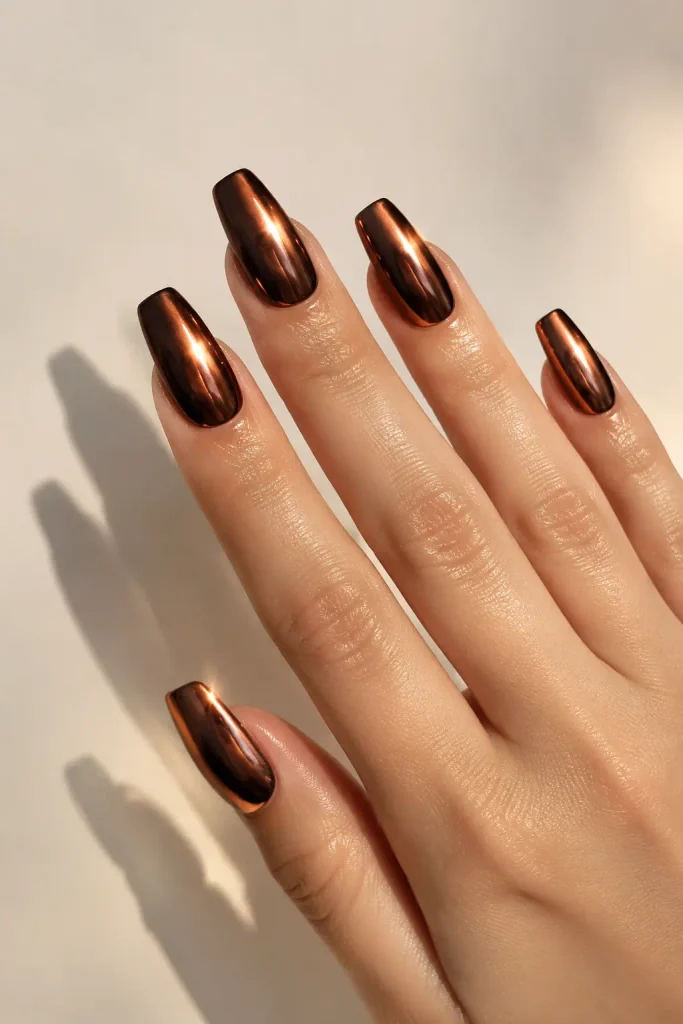 Copper chrome almond nails with a reflective metallic mirror finish.