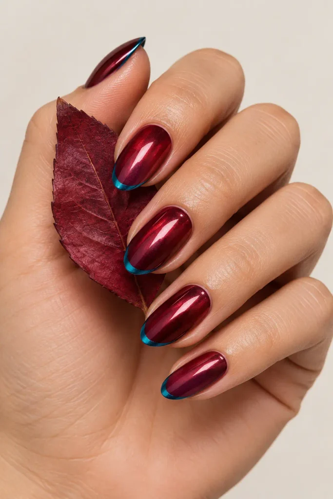 Cranberry chrome nails outlined with thin teal edges