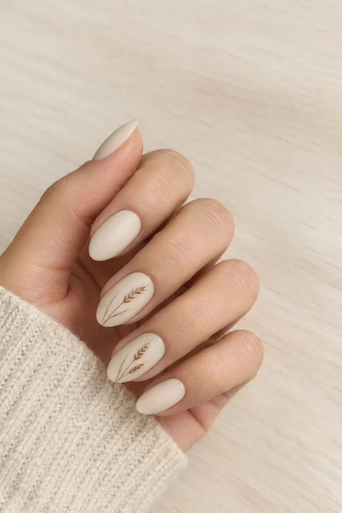 Cream matte nails with delicate brown wheat line art