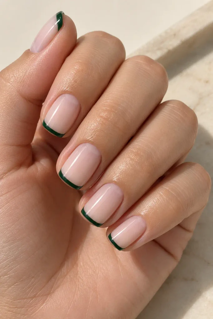 Dark green French tip nails over milky nude base