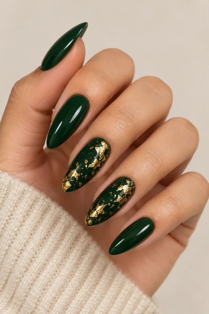 Dark green nails decorated with delicate gold foil accents