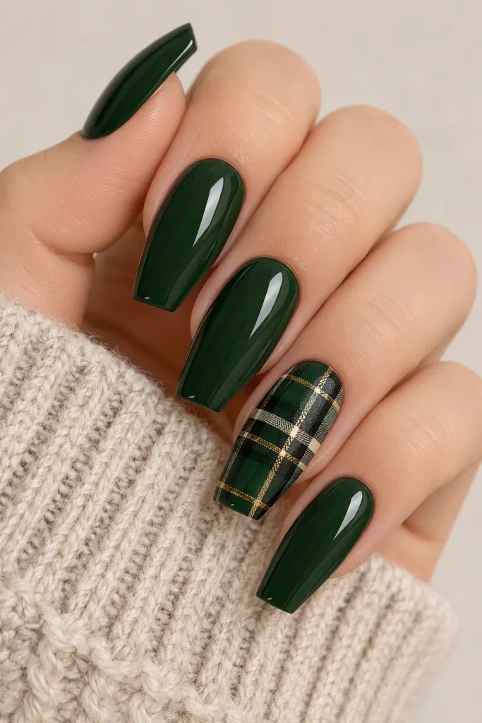 Dark tartan plaid accent on elegant coffin shaped nails