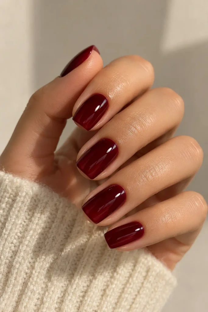 Deep burgundy jelly nails with glossy translucent wine finish