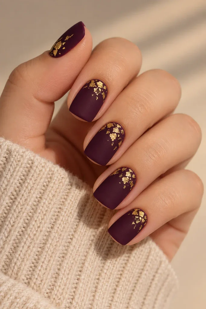 Deep plum matte nails accented with delicate gold foil
