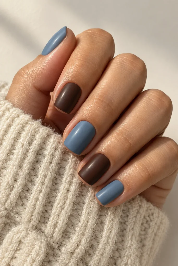 Dusty blue and chocolate brown short nails