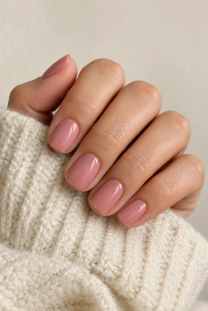 Glossy dusty rose nails with elegant cream finish