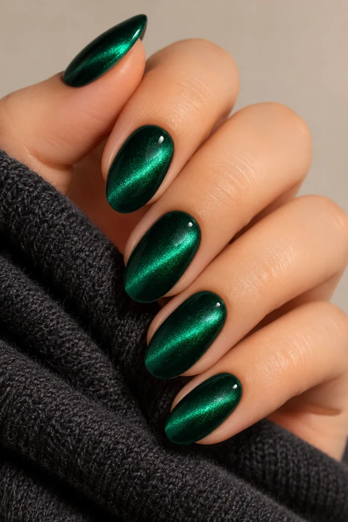 Emerald green velvet nails with magnetic shimmering light effects