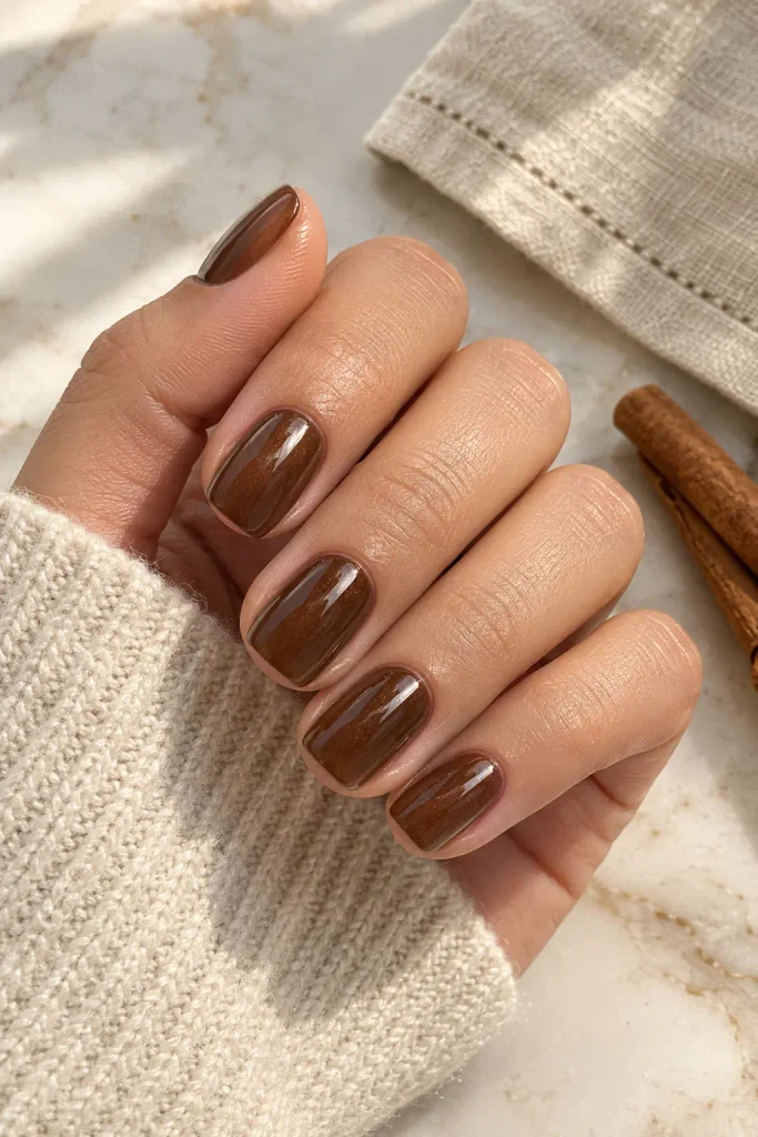 Short squoval nails featuring glossy espresso brown glazed polish finish