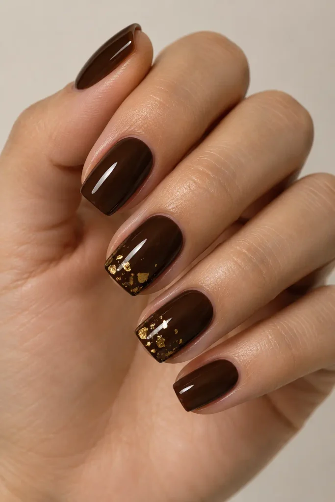 Short espresso brown gel nails with tiny gold foil