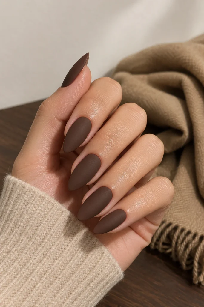 Espresso brown matte almond nails for fall
