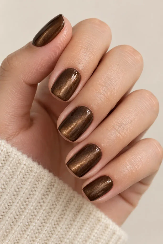 Espresso brown square nails featuring a soft magnetic velvet finish.