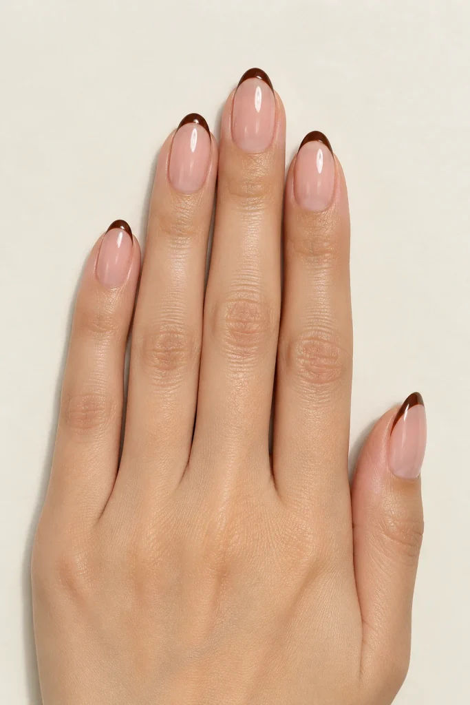 Espresso French tip nails over a sheer nude base
