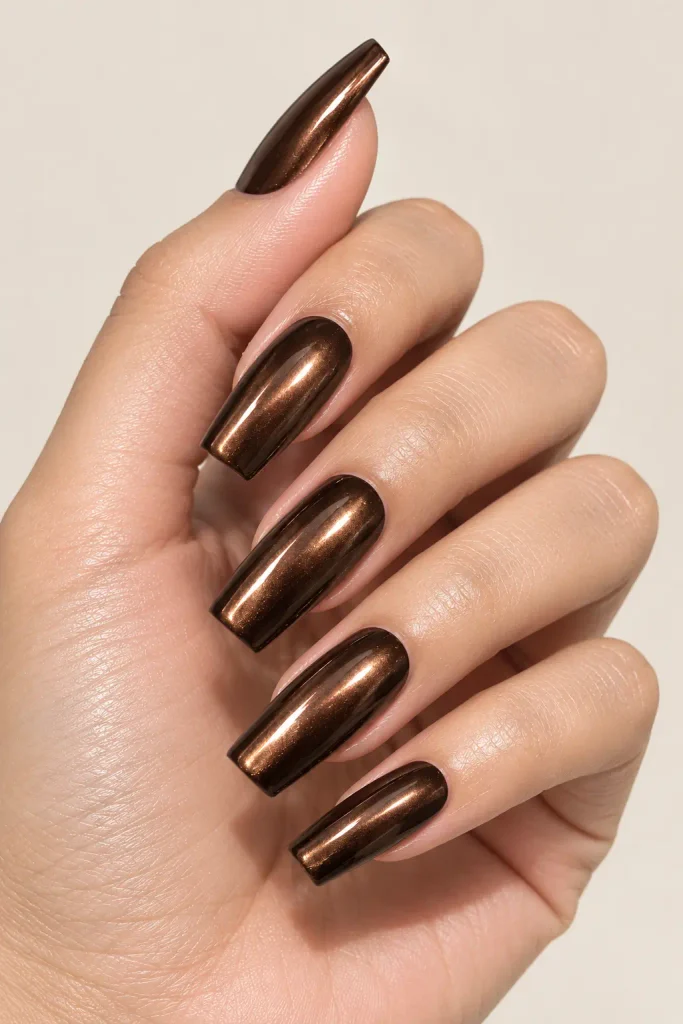 Deep espresso nails with reflective bronze glazed chrome powder
