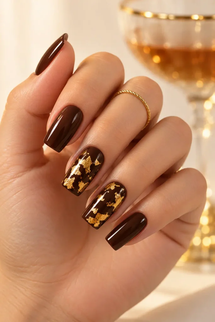 Espresso dip nails decorated with delicate gold foil flakes