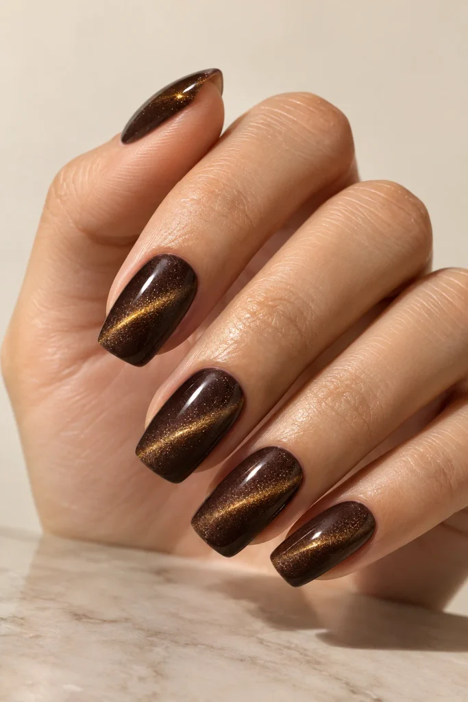Espresso brown velvet cat eye nails with light streak