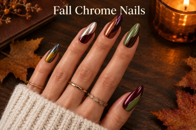 Autumn chrome manicure featuring rich metallic shades and contrasting colors
