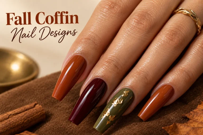 Twelve fall coffin nail designs in warm autumn shades