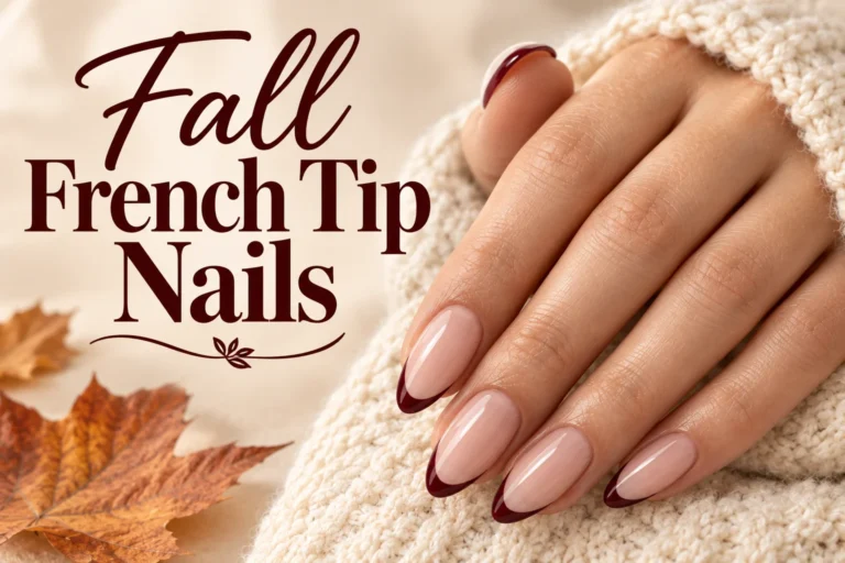 Fall French tip nails in burgundy, brown, olive, and gold autumn shades.