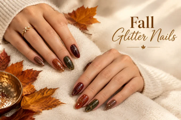 Elegant fall glitter nails featuring warm autumn shades and gold sparkle