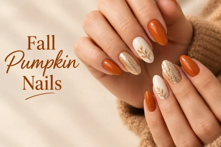 Elegant fall pumpkin nails featuring warm autumn colors and finishes
