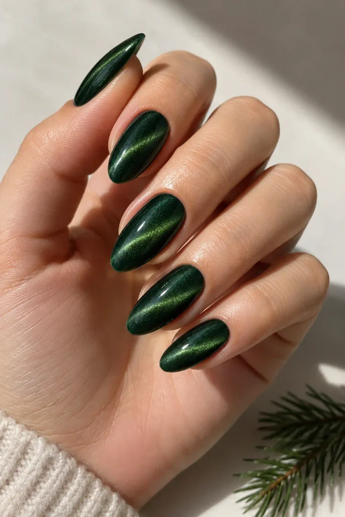 Forest green cat eye dip nails with magnetic shimmer