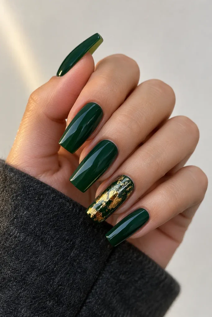 Deep forest green square nails with mirror gloss and a gold foil accent.