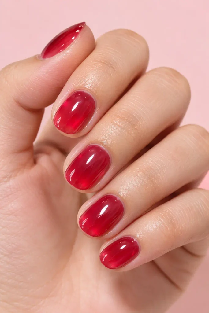 Translucent cherry jelly nails with juicy glossy glasslike shine