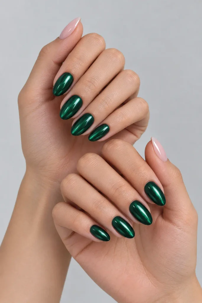 Glazed emerald chrome nails with reflective jewel toned finish