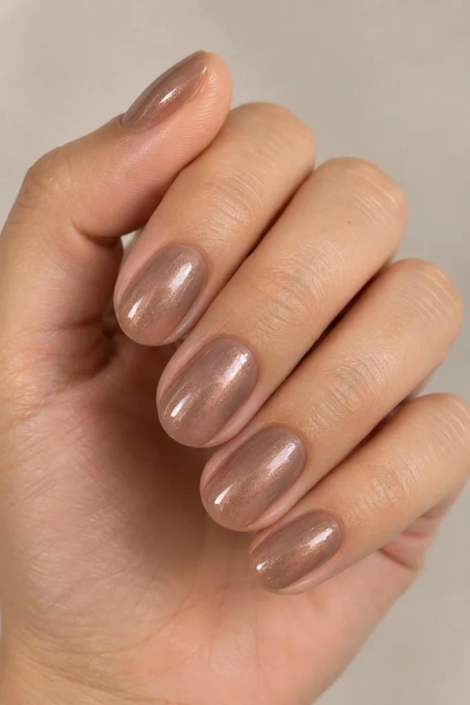 Glazed mocha nails with soft pearl shimmer finish