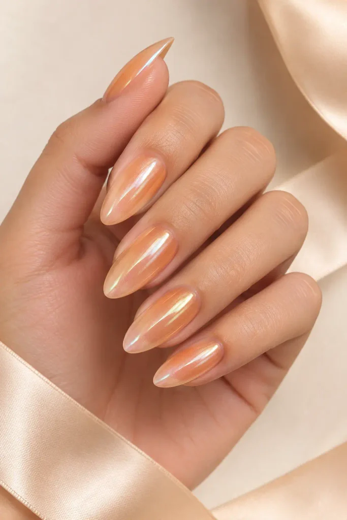 Glazed pumpkin cream nails glow with subtle pearl shimmer