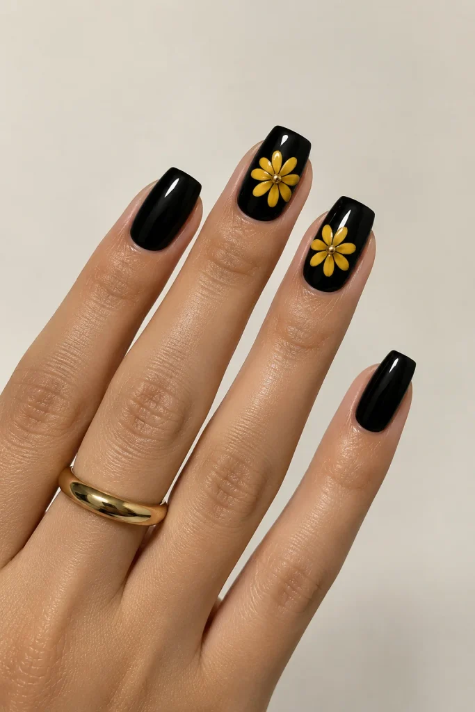 Glossy black nails with golden yellow daisy designs