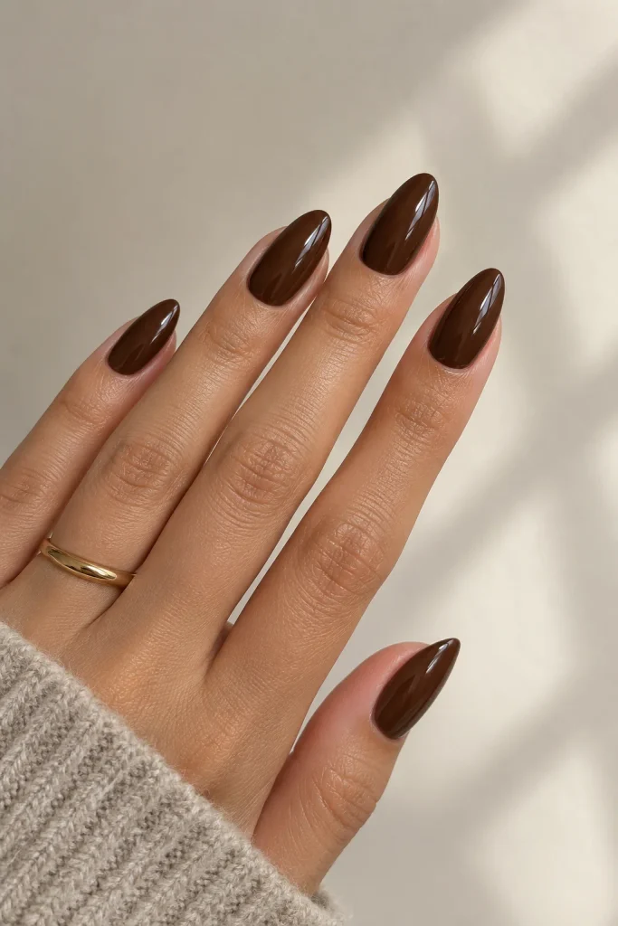 Glossy dark brown almond nails with a rich finish
