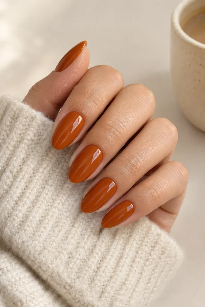 Glossy burnt orange nails create a rich autumn manicure