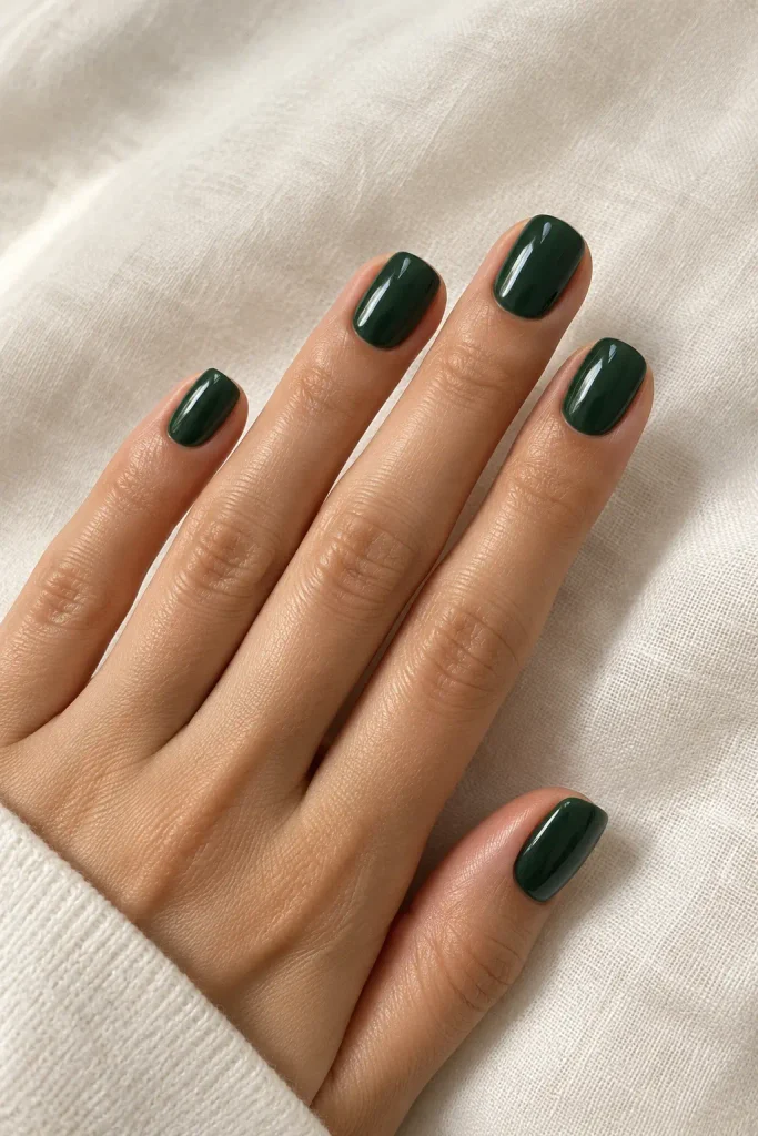 Glossy forest green nails with smooth elegant autumn shine