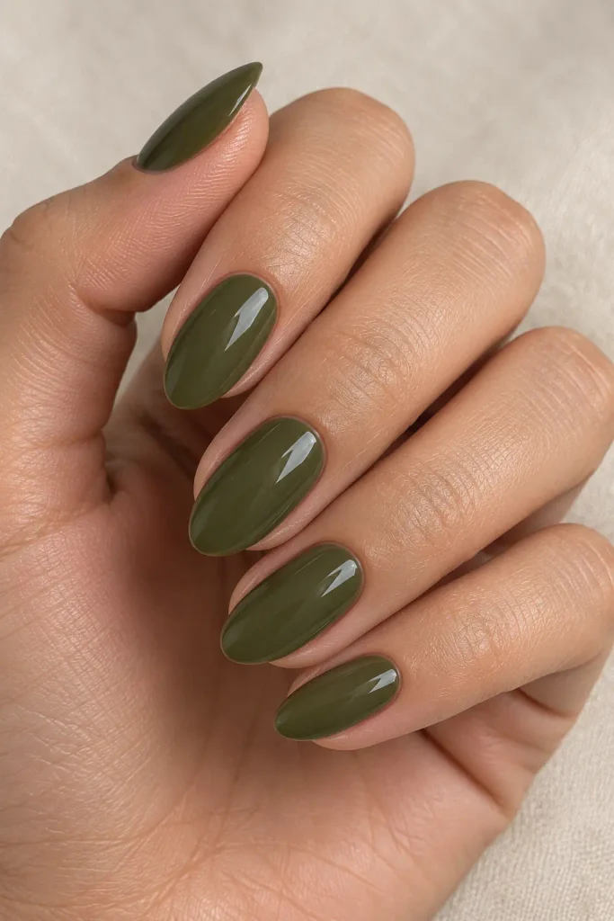 Glossy olive green polish on short almond shaped nails