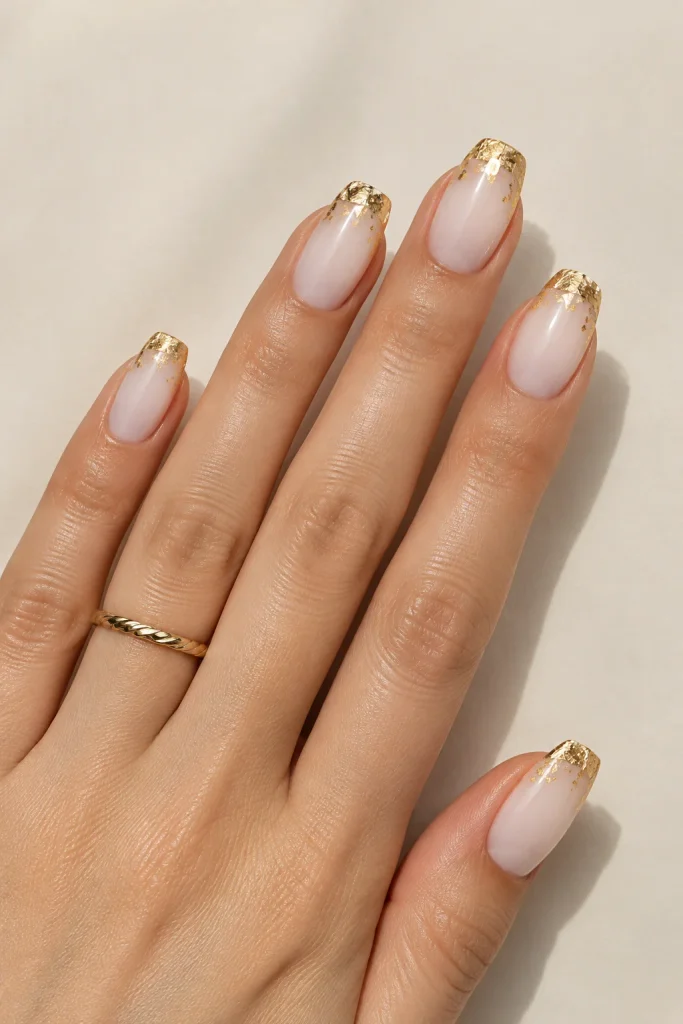 Crinkled gold foil French tips over a sheer milky white nail base.