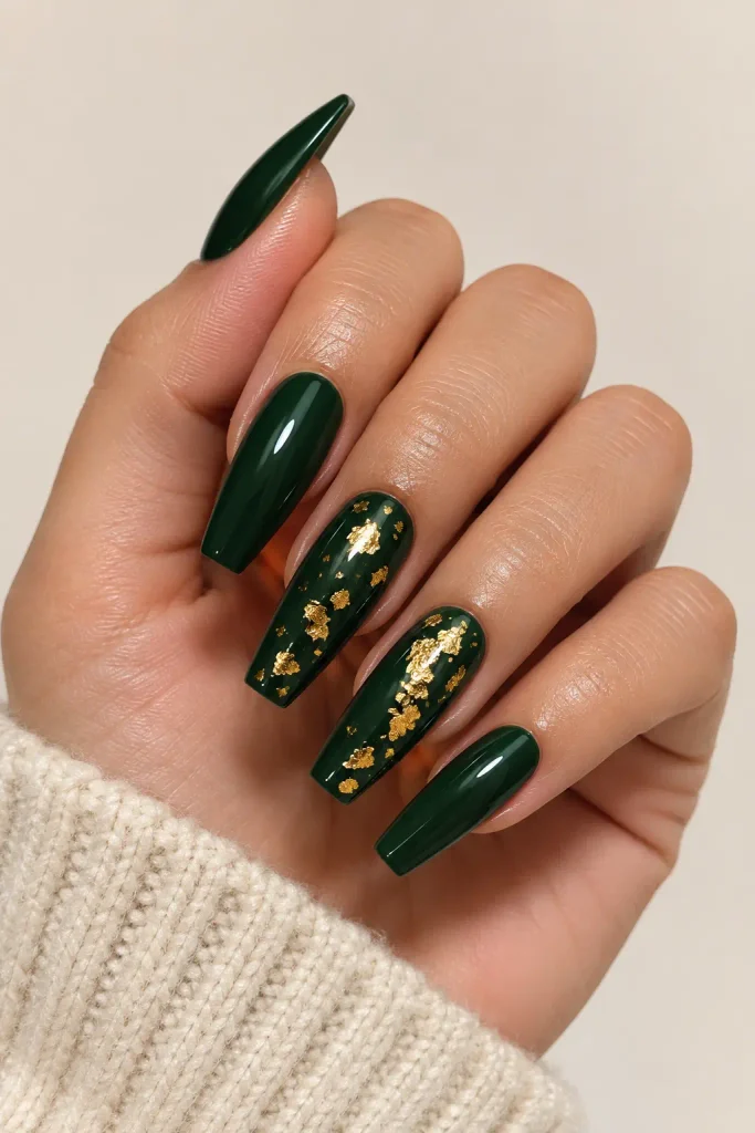 Dark green nails decorated with delicate gold foil accents