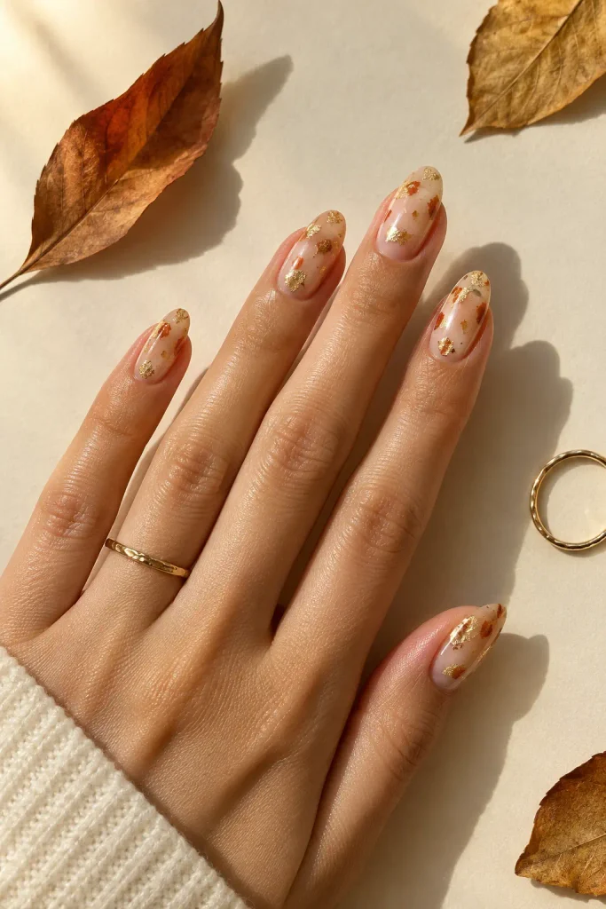 Nude nails decorated with delicate gold leaf flakes