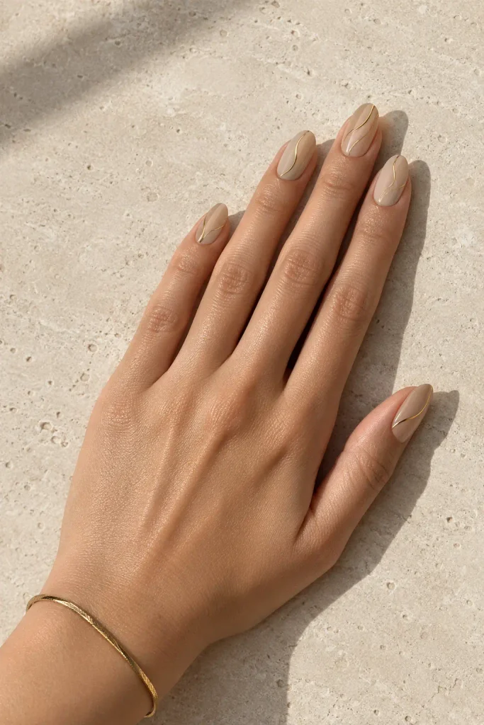 Warm sand colored nails featuring fine elegant gold lines