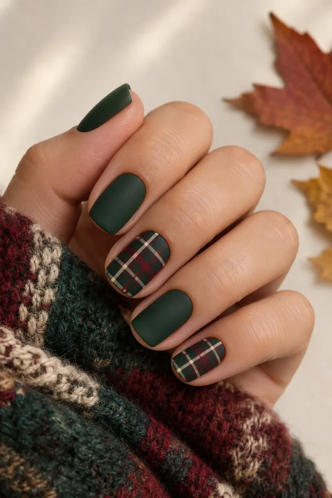 Dark green nails with burgundy cream tartan accent patterns