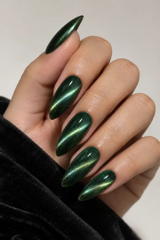 Dark green cat eye nails with magnetic glowing highlights