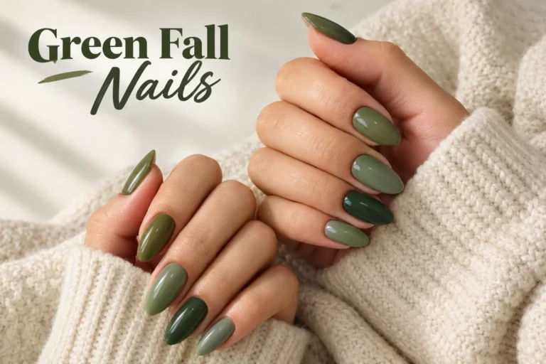 Earthy green fall nails in elegant autumn-inspired shades