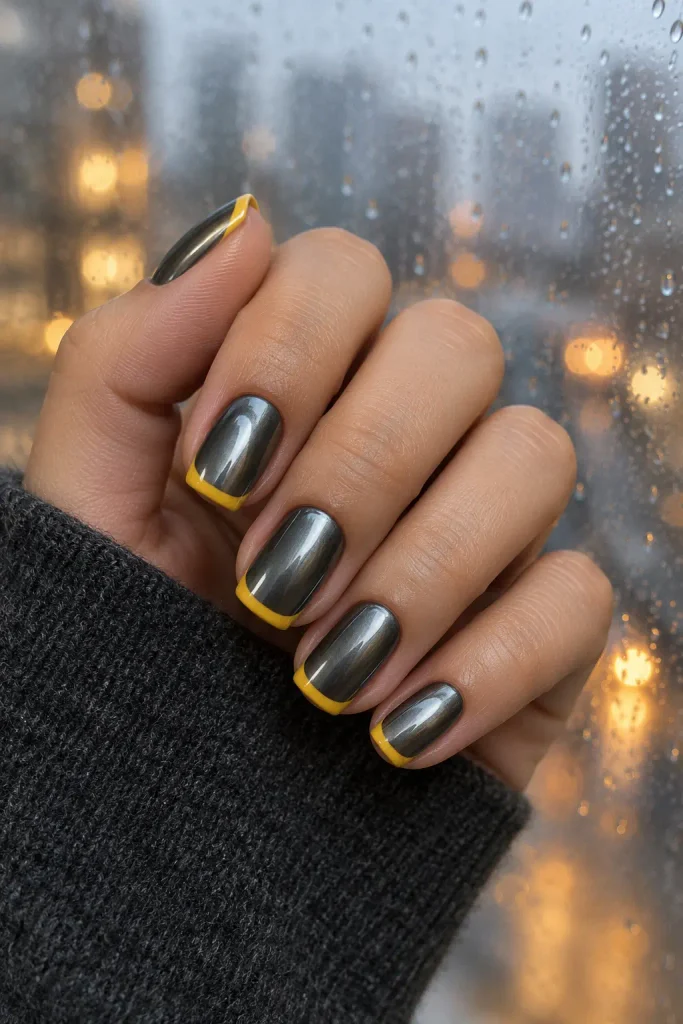 Gunmetal chrome nails finished with mustard yellow tips