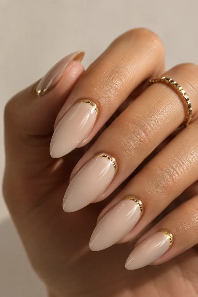 Hairline gold foil detail on pale almond nude nails