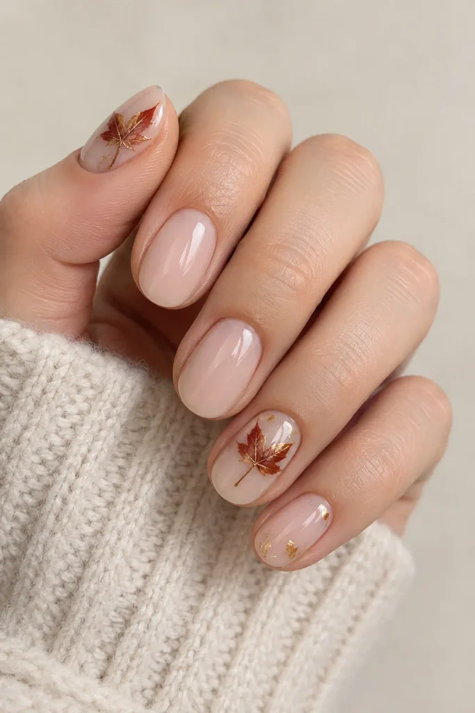 Milky nude nails decorated with hand painted maple leaves