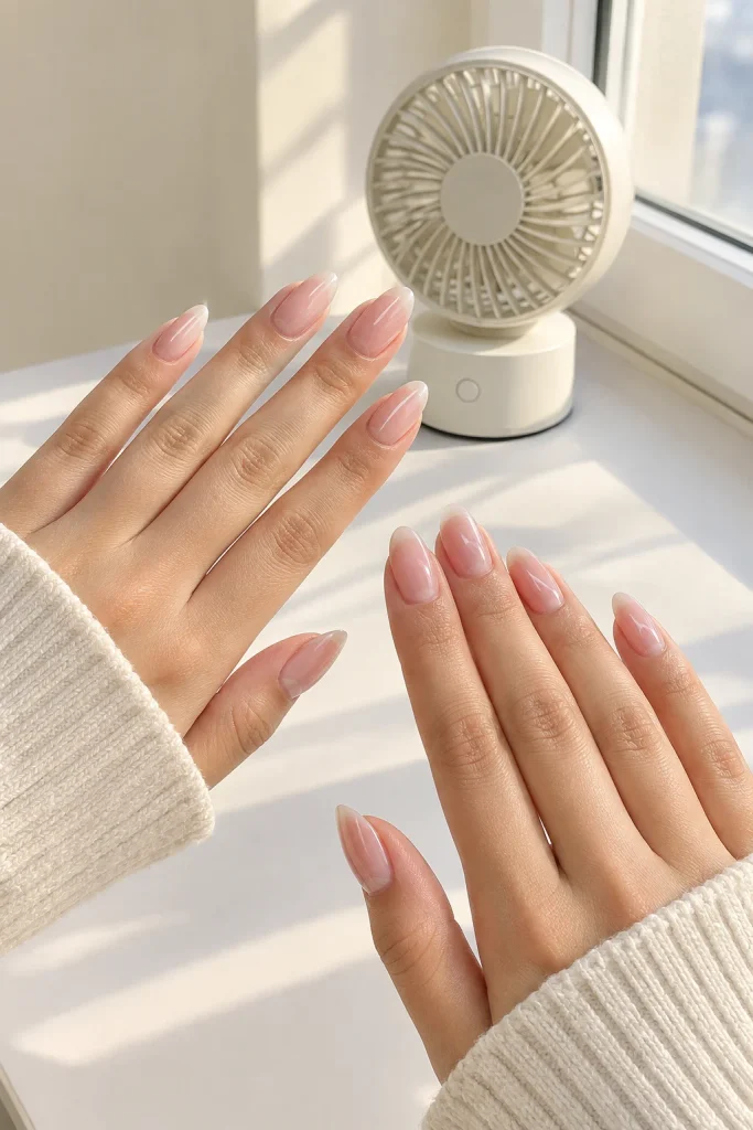Fresh manicure drying beside a small desk fan
