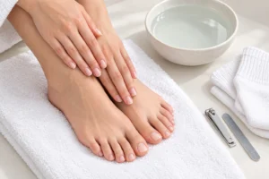 Woman's healthy hands and feet with natural clear nails