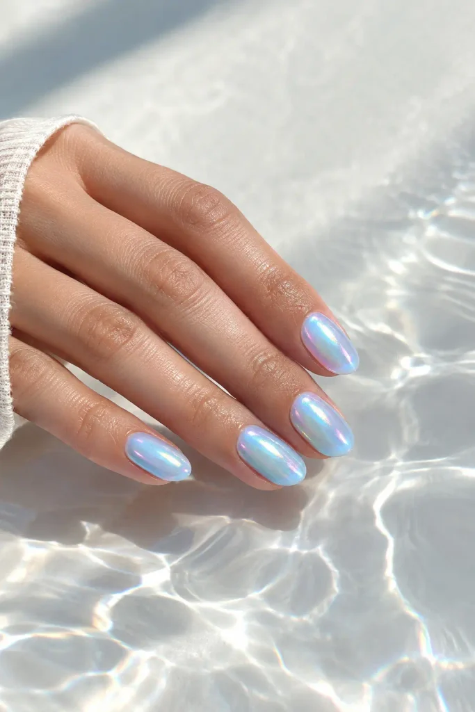 Pale ice blue almond nails with a luminous pearly glazed finish.