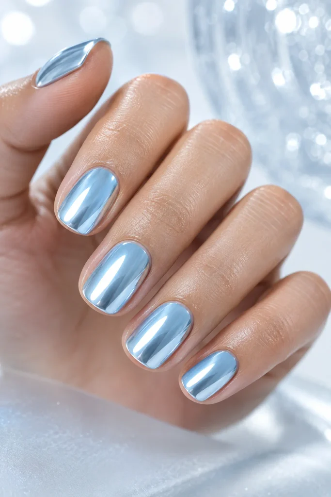 Icy blue chrome short nails with mirror shine
